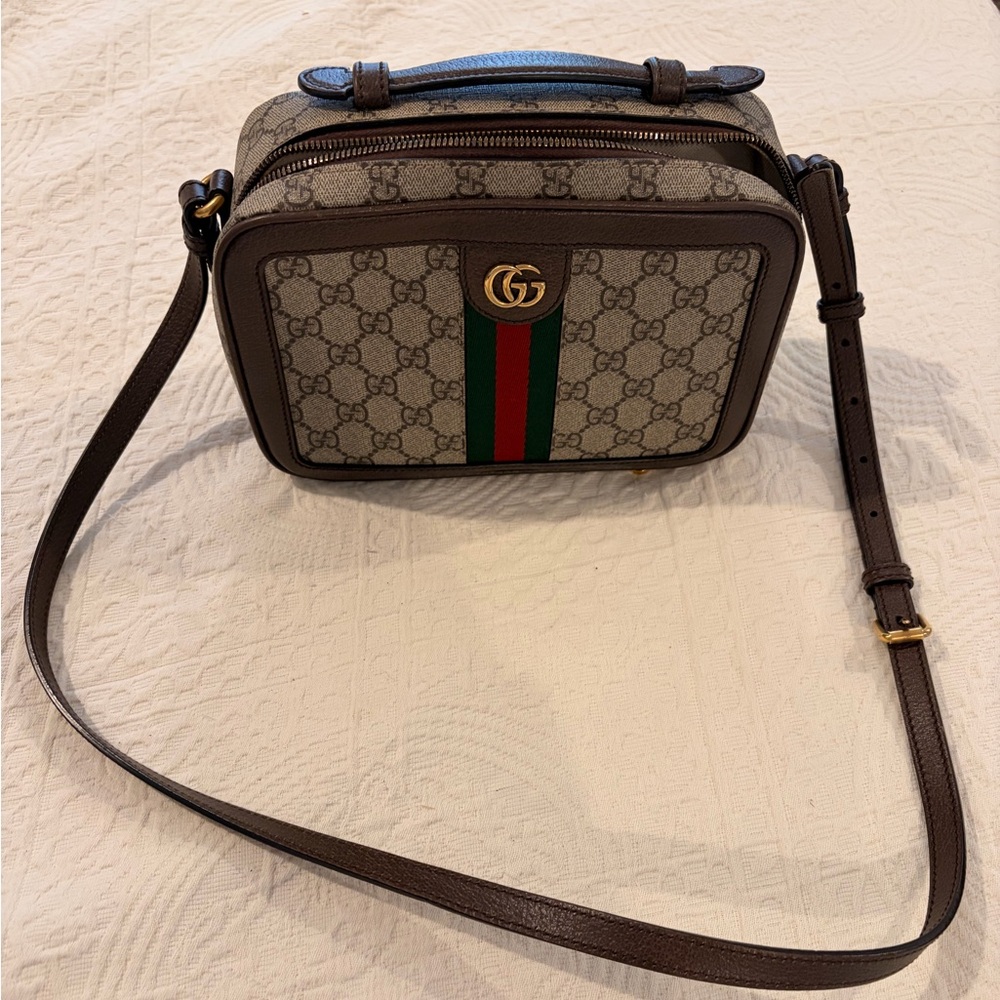 Gucci Ophidia Small Beige And Ebony GG Canvas With Web Crossbody Bag